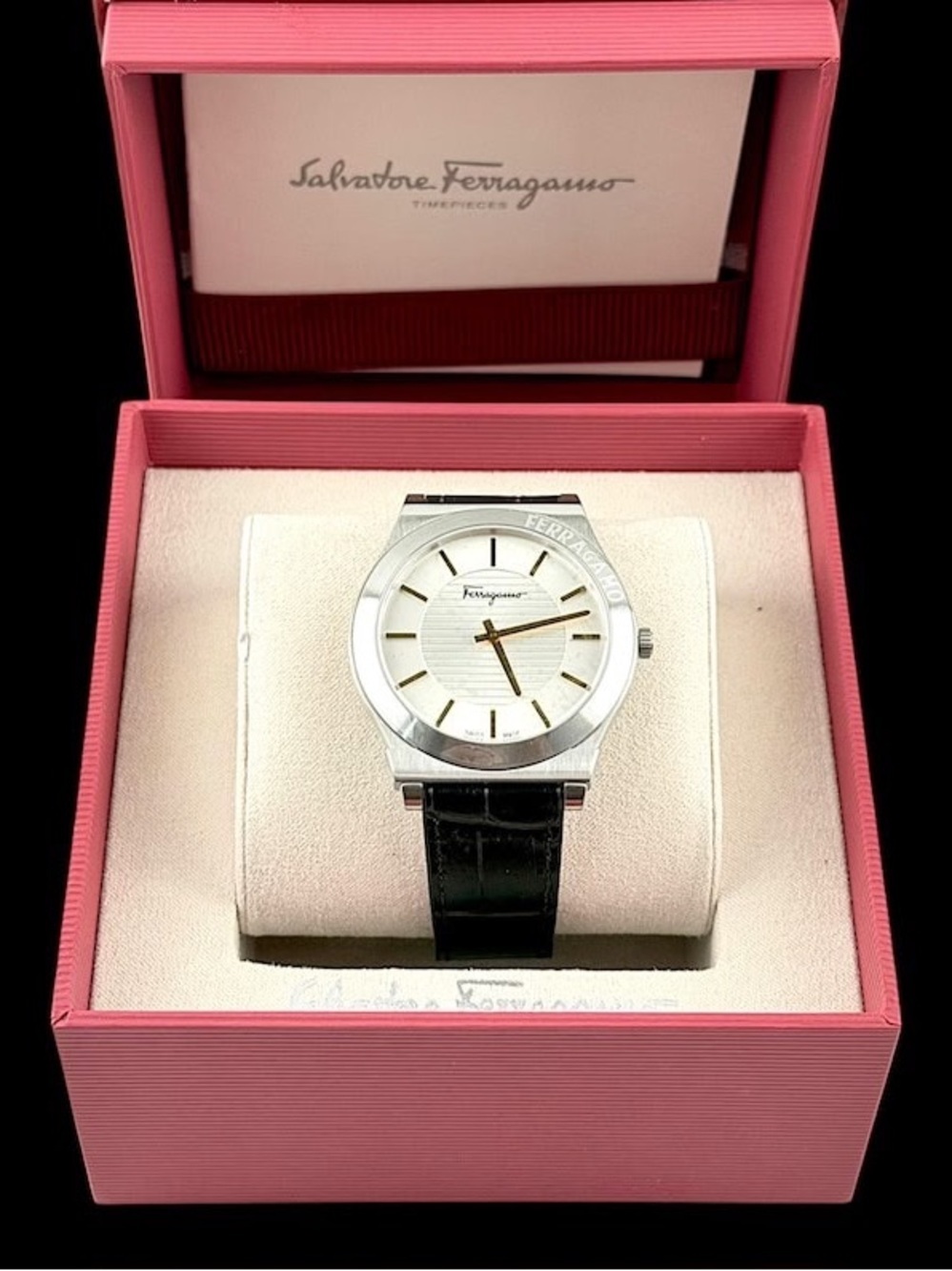 Salvatore Ferragamo Silver Case White Dial Black Leather Strap Watch